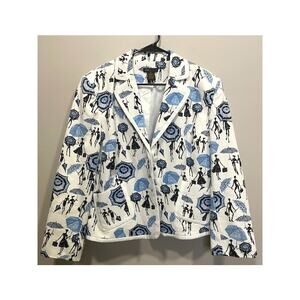 White Blue Fashion Print Cotton Blend Blazer Embroidered Women's Sz 14